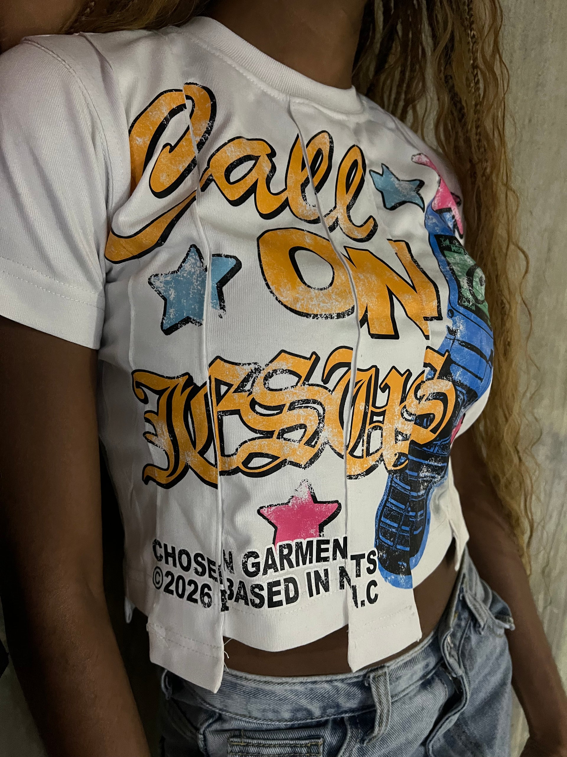 Call On Jesus White Tee Cropped